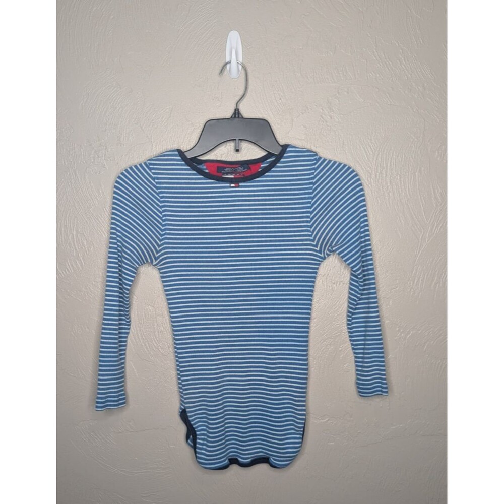 Vintage Y2K Tommy Jeans Womens Medium Blue White Stiped Ribbed Fitted Top LOGO